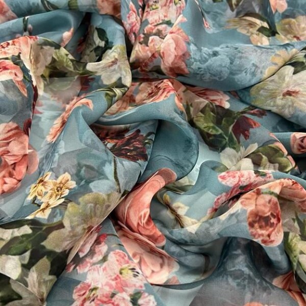 Musseline Toque de Seda Azul Floral 